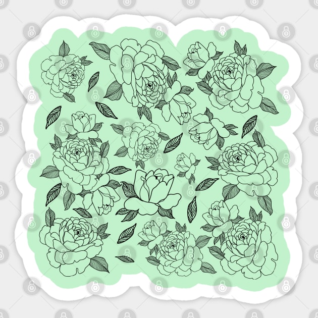 Patern black roses on green Sticker by Eshka